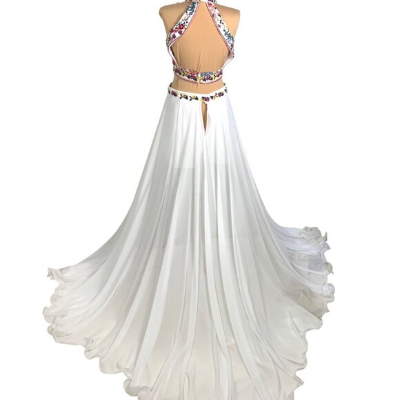 Custom 2PC Set Pageant Floral Embroidered Halter Top White Shorts Chiffon Skirt - Picture 3 of 10